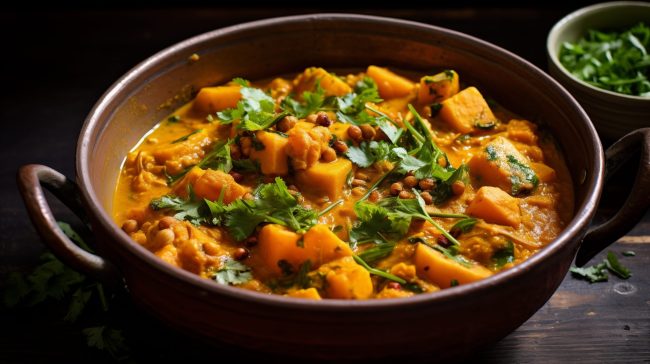 A fragrant curry made with sweet potatoes, chickpeas, and coconut milk.