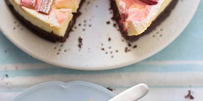 Cheesecake brownie with rhubarb and powder sugar