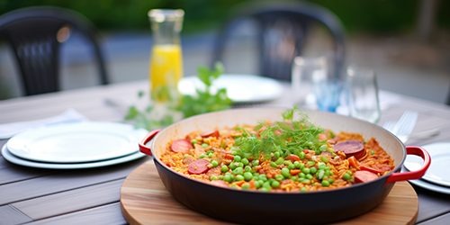 mixed paella with chorizo, prawns, and peas served on a patio