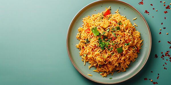 Plate with tasty pilaf on color background