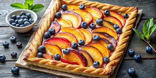 Delicious homemade nectarine and blueberry puff pastry tart driz