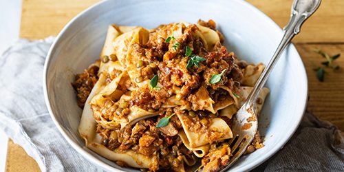 Home made pasta with vegan lentil ragu