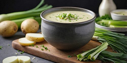 Potato Leek Soup: a bowl of creamy potato leek soup in a rustic