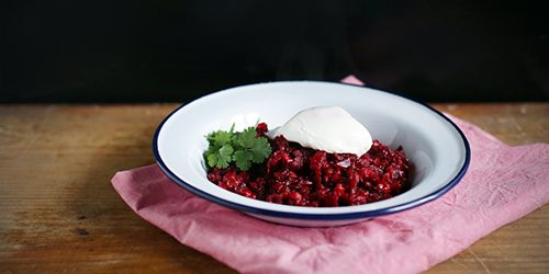 Beetroot risotto with poached egg