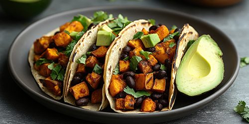 Healthy Vegan Tacos Featuring Sweet Potato, Black Beans, and Cre