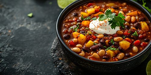 Spicy Bean Chilli with Baked Potato sour cream and lime Healthy