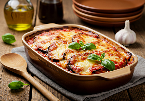 Classic Italian eggplant parmesan in baking dish