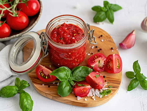 Homemade tomato relish in a glass jar, surrounded by fresh ingredients