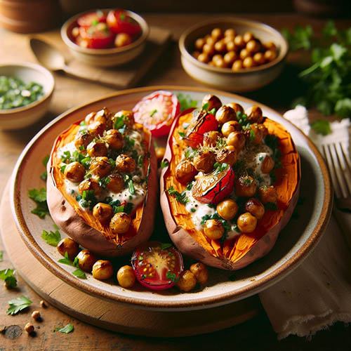 A beautifully styled Mediterranean-inspired dish featuring simple, 30-minute baked sweet potatoes. E (1)