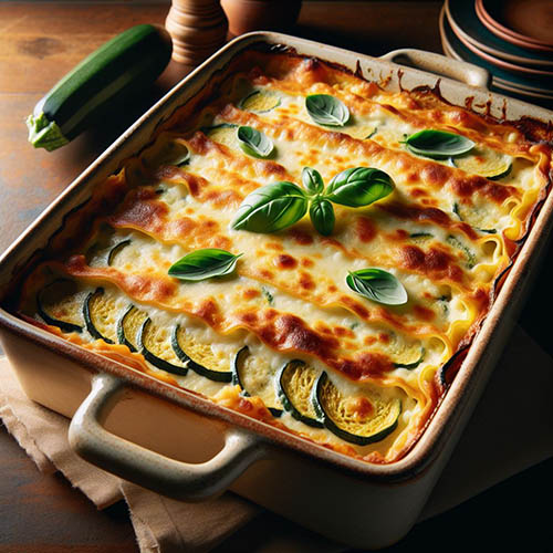 A full, freshly baked creamy courgette and ricotta lasagne in a rustic ceramic baking dish. The top