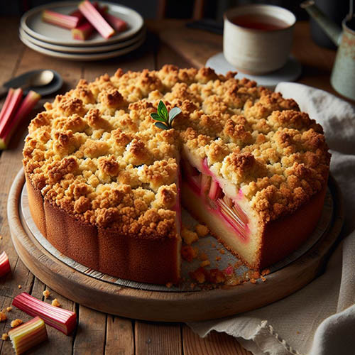 A rustic rhubarb crumble cake on a wooden table. The cake is round, golden-brown, and topped with a