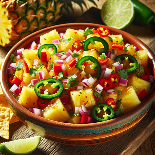 A vibrant bowl of pineapple salsa, featuring golden pineapple chunks mixed with finely chopped red p