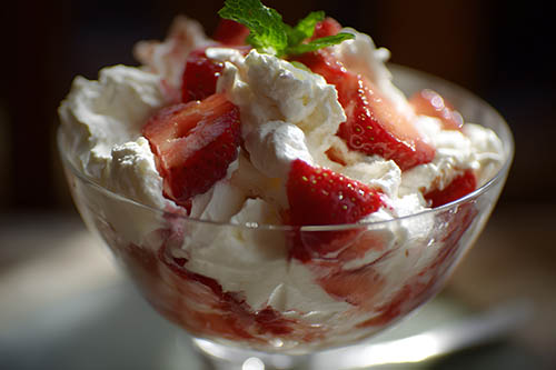 English Eton Mess: rustic mix of crushed meringue, whipped cream, and fresh strawberries in a glass dessert bowl
