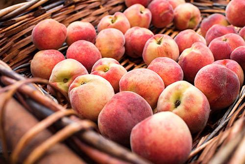 Close up view of basket with fresh juicy peaches Wicker basket with fresh juicy peaches in close up view