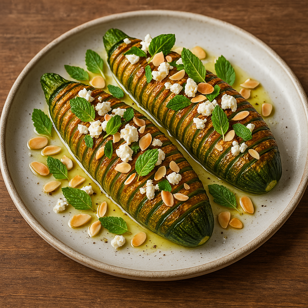 A beautifully plated dish of Hasselback courgettes, sliced thinly but still connected at the base, r