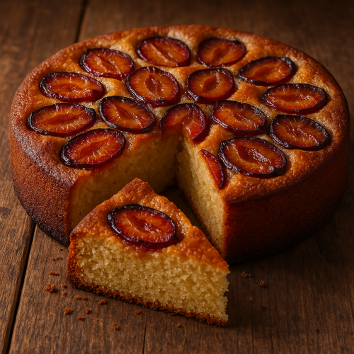 A freshly baked plum cake with a golden-brown crust, topped with sliced, cooked plums that are sligh A freshly baked plum cake with a golden-brown crust, topped with sliced, cooked plums that are sligh