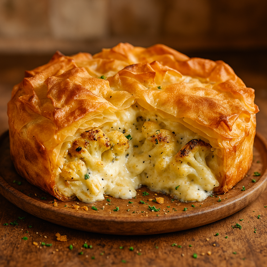 A rustic roasted cauliflower cheese filo pie.