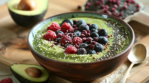 A smoothie bowl filled with creamy avocado antioxidantrich berries and a sprinkle of toasted buckwheat for added crunch and texture