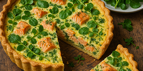 A beautifully styled salmon and watercress quiche on a rustic wooden table. The quiche has a golden,