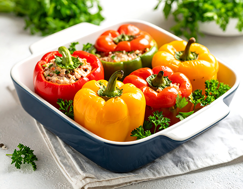 Colorful stuffed peppers in baking dish (1)