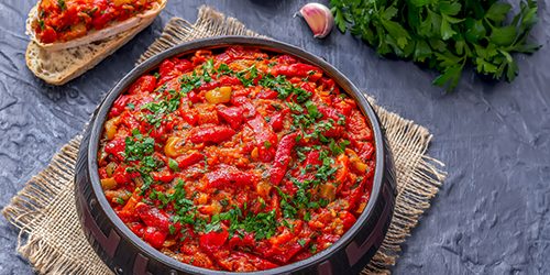 Maghreb cuisine. Vegetable dish Taktouka made of bell peppers an