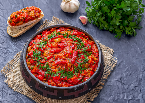 Maghreb cuisine. Vegetable dish Taktouka made of bell peppers an