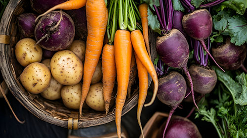 Close-up view of a variety of root vegetables in a rustic wooden basket.  The vegetables include carrots, potatoes, and beets.  The carrots are a vibrant orange color, the potatoes are a light yellowish-tan, and the beets are a deep purple.  The vegetables are arranged in a way that shows their natural textures and colors. The setting appears to be outdoors, or at least a similar setting, and the image has a natural light appearance that focuses on the arrangement. The image would be excellent for use in a cookbook or nutrition website. The lighting is natural and highlights the different colors of the vegetables in the basket.