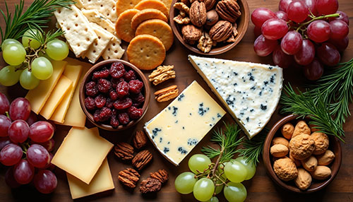 Gourmet cheese platter arranged with assorted cheeses, grapes, crackers, nuts, and dried fruit. Ready to serve for any party or celebration.