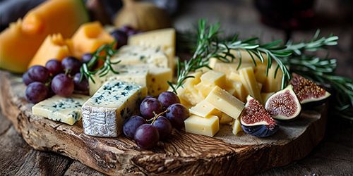 Cheese platter with different cheese and grapes, nuts, olive, figs on a white background with copy space. Top view. Festive gourmet appetizer board close up